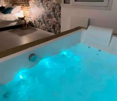 Un ou plusieurs lits dans un hébergement de l'établissement appartement avec jaccuzzi 15 min du centre de lyon