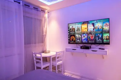 Télévision ou salle de divertissement dans l'établissement Bron centre appartement meublé avec jacuzzi