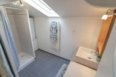 Salle de bains dans l'établissement Quiet & central duplex apartment Wifi near Rhône & Parc Blandan