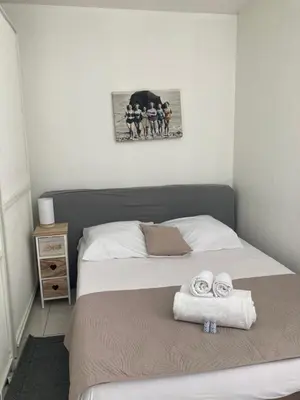 Un ou plusieurs lits dans un hébergement de l'établissement Studio évasion campagnarde avec jardin et parking, proche de Eurexpo et GroupamaStadium
