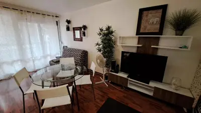 Coin salon dans l'établissement Studio cosy 33 m² limite Lyon. Parking privatif.