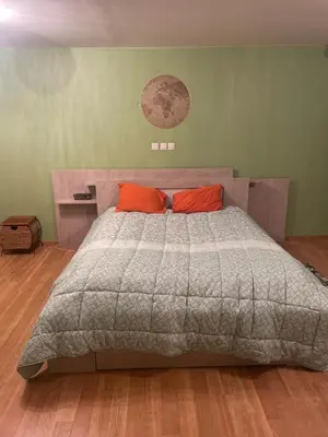 Un ou plusieurs lits dans un hébergement de l'établissement Chambre verte spacieuse côté aéroport