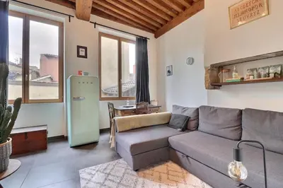Coin salon dans l'établissement La Loge - Beautiful T2 Apartment - Lyon 5th