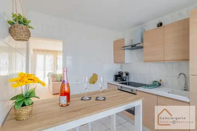 Cuisine ou kitchenette dans l'établissement La Belle Escale - appartement lumineux à proximité d'Eurexpo