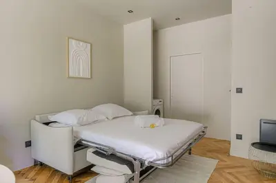 Un ou plusieurs lits dans un hébergement de l'établissement Bel appartement lumineux, deux pièces, Ecully