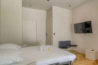 Un ou plusieurs lits dans un hébergement de l'établissement Bel appartement lumineux, deux pièces, Ecully