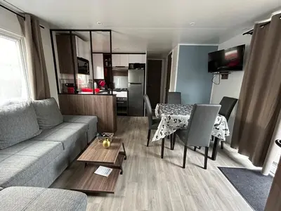 Coin salon dans l'établissement Le Paradis du Rhône - mobilhome moderne et confortable