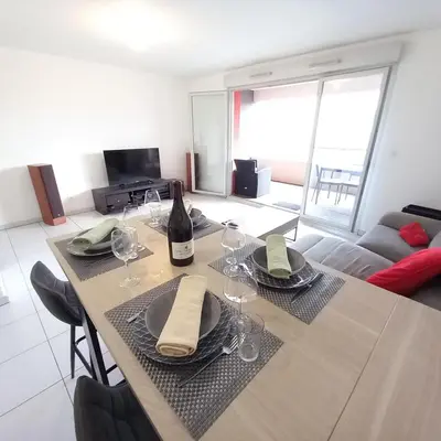 Coin salon dans l'établissement Le Barbusse LYON-T3-Garage-Terrasse-3 lits-Home Cinema