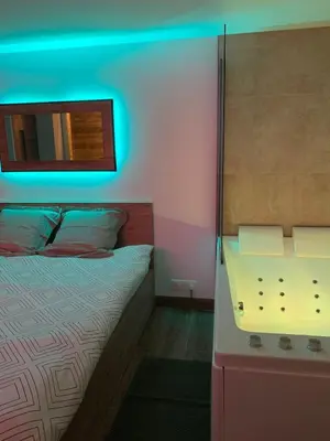 Un ou plusieurs lits dans un hébergement de l'établissement Love Room, studio Woody Spa , Balnéo