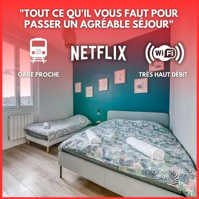 Un ou plusieurs lits dans un hébergement de l'établissement T3 L'Étoile NEUF Cosy & Lumineux - Gare Parilly