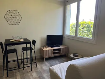 Télévision ou salle de divertissement dans l'établissement Petit appartement cosy Miribel
