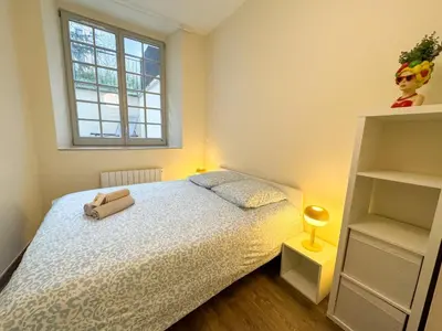 Un ou plusieurs lits dans un hébergement de l'établissement Lyon funky flat piscine et parking