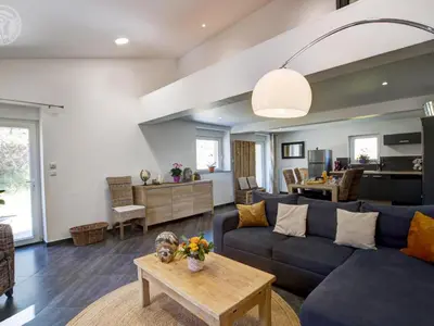 Coin salon dans l'établissement Gîte spacieux et moderne avec terrasse au cœur de la nature - FR-1-496-363