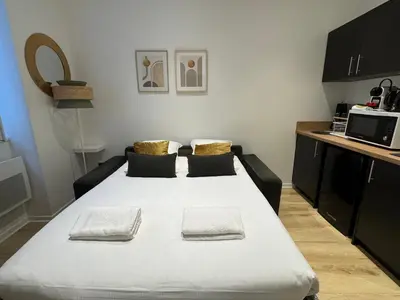 Un ou plusieurs lits dans un hébergement de l'établissement Suite de charme rénovée près de l Opéra de Lyon