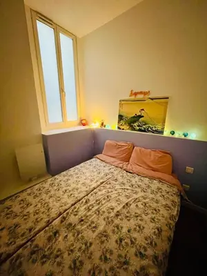 Un ou plusieurs lits dans un hébergement de l'établissement Elegant, renovated and colorful Lyon apartment