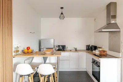 Cuisine ou kitchenette dans l'établissement Cosy T2-Tram-Balcon-Parking Lyon