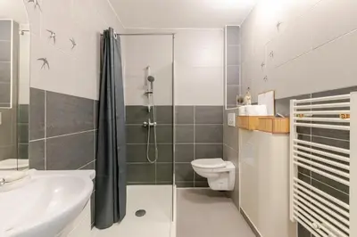 Salle de bains dans l'établissement Le Petit Cocoon - Calme - Parking -Tram - Terrasse - Lyon - OL - Eurexpo
