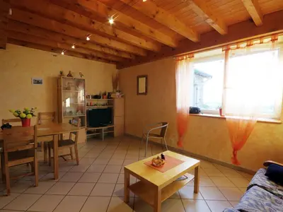 Coin salon dans l'établissement Gîte confortable 2 chambres avec animaux acceptés en pleine campagne - FR-1-496-130