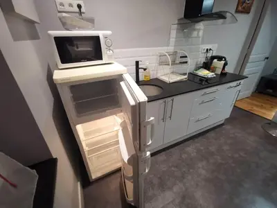 Cuisine ou kitchenette dans l'établissement Studio Calme avec Jardin, Tram T6 & Métro D, Proche Hôpital Mermoz et Édouard Herriot