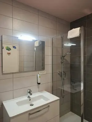 Salle de bains dans l'établissement Logis Hôtel Le Saint Clément