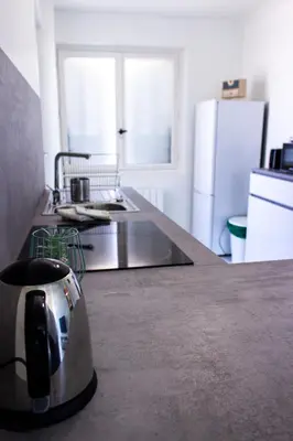 Cuisine ou kitchenette dans l'établissement Maisonnette avec jardin, parc du chêne (tram T5)