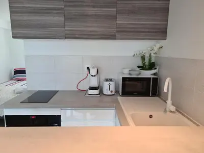Cuisine ou kitchenette dans l'établissement spacieux studio dans le Beaujolais
