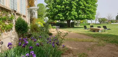Jardin de l'établissement Séjour élégance et bien-être au CHATEAU de GRANDMONT - piscine et parc arboré au coeur du vignoble du Beaujolais