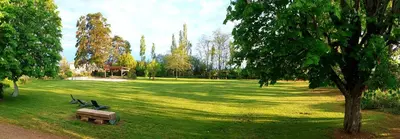 Jardin de l'établissement Séjour élégance et bien-être au CHATEAU de GRANDMONT - piscine et parc arboré au coeur du vignoble du Beaujolais