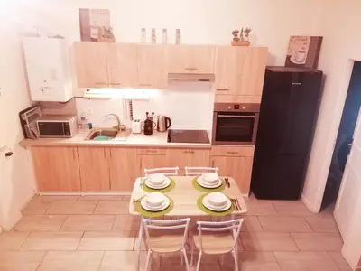 Cuisine ou kitchenette dans l'établissement Maisonnette proche de Lyon