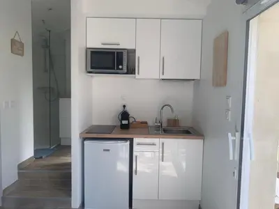 Cuisine ou kitchenette dans l'établissement Gite BamBou avec piscine