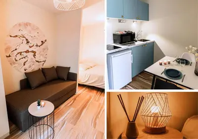 Cuisine ou kitchenette dans l'établissement UM studios - Charmants studios tout équipé - wifi
